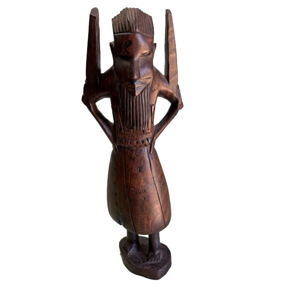 Hand Crafted Other - African Tribal Hand Carved Male Elder Winged Shoulder Ebony Wood Figurine Kenya